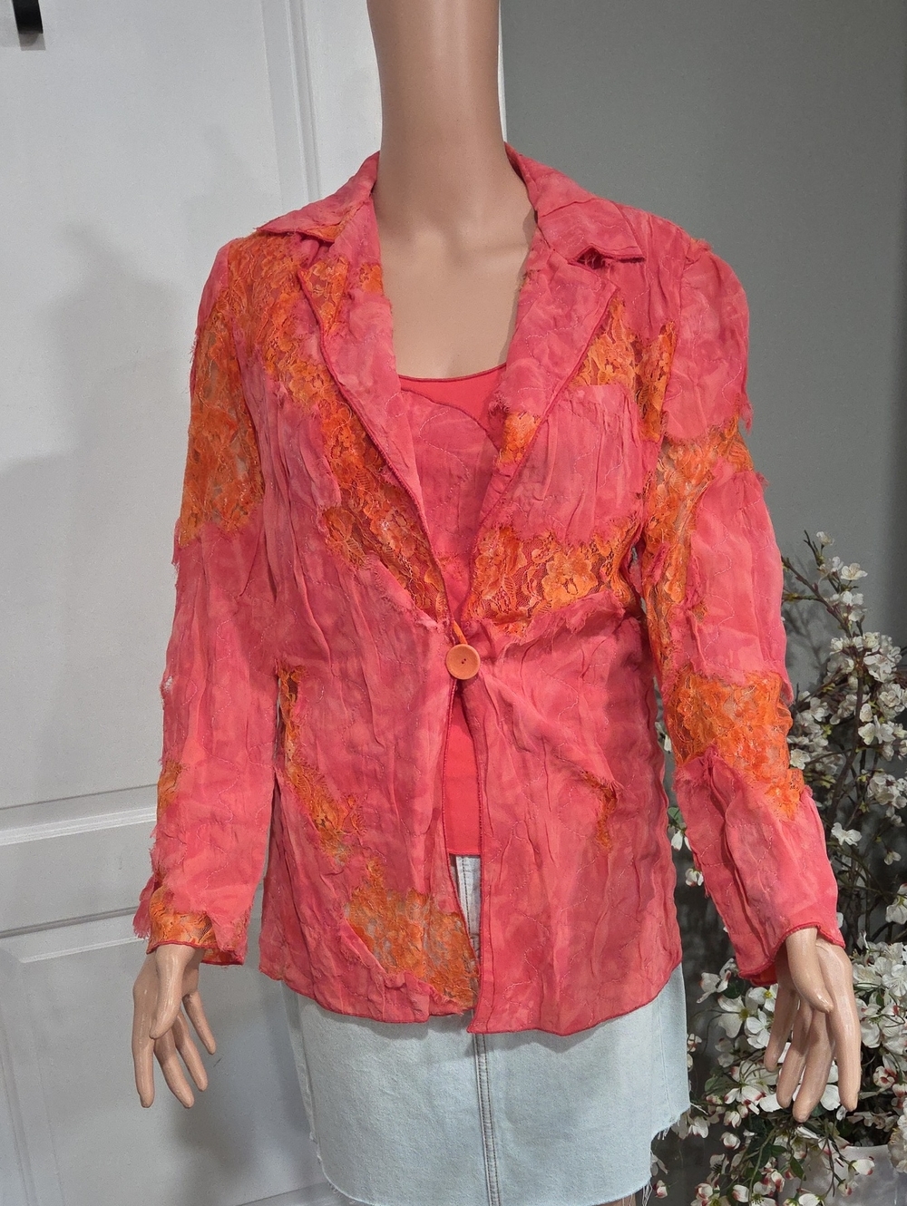 Vintage Pink-Orange Lace Top And Blazer